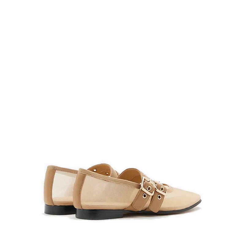 Giselle Mesh Double Buckle Flats - Beige