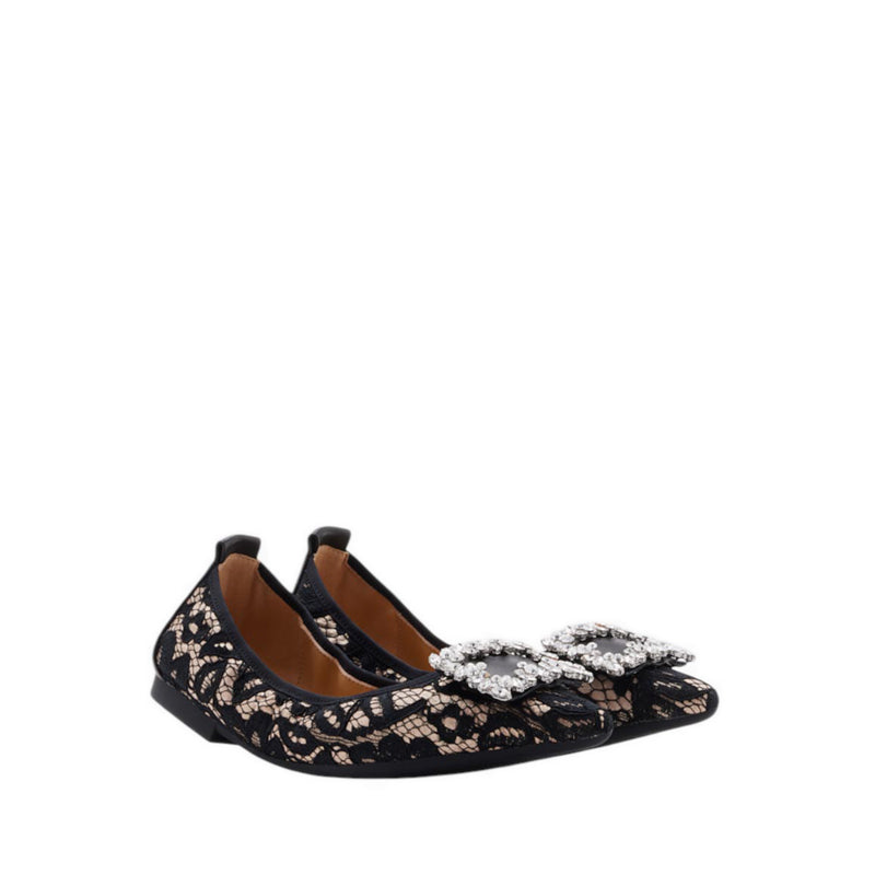 Pazzion Stella Lace Diamante Buckle Foldable Flats - Beige