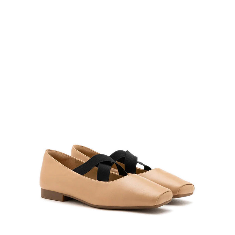 Mandy Square Toe Criss Cross Strap Ballet Flats - Natural