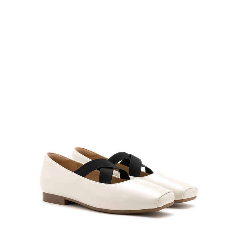 Mandy Square Toe Criss Cross Strap Ballet Flats - Beige