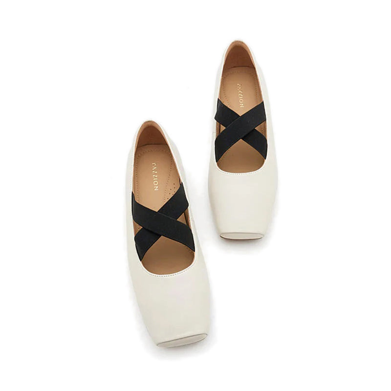 Mandy Square Toe Criss Cross Strap Ballet Flats - Beige