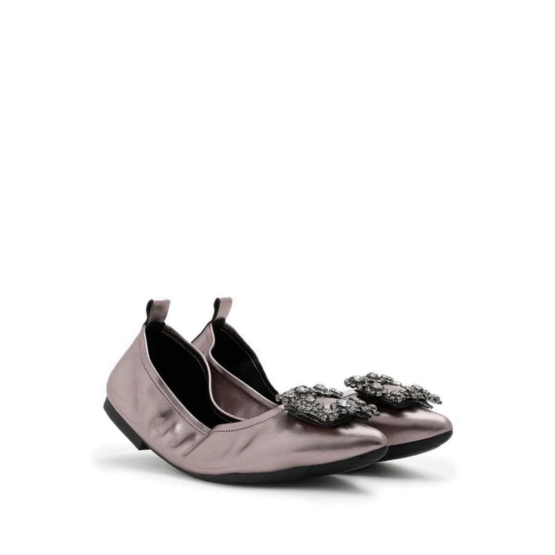Helene Crystal Buckle Foldable Flats - Pewter