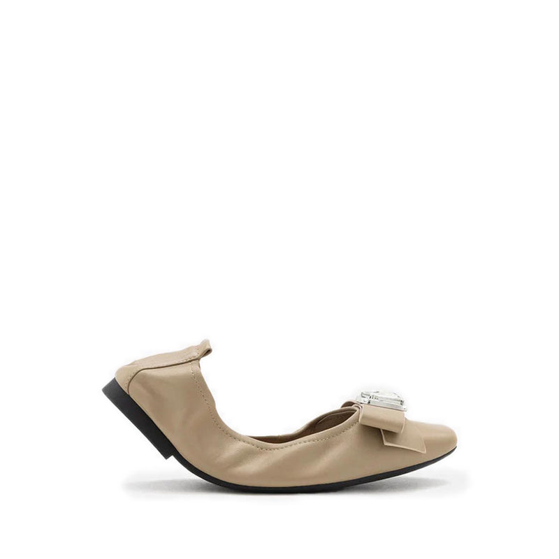 Noelle Diamante Bow Foldable Flats - Khaki