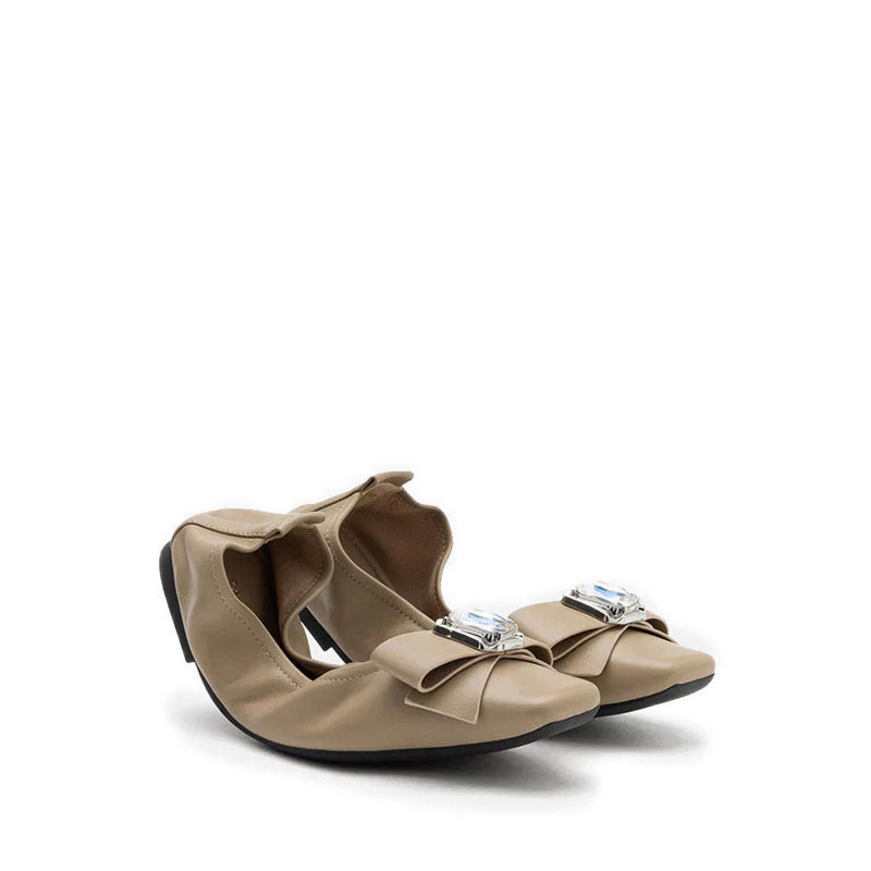 Noelle Diamante Bow Foldable Flats - Khaki