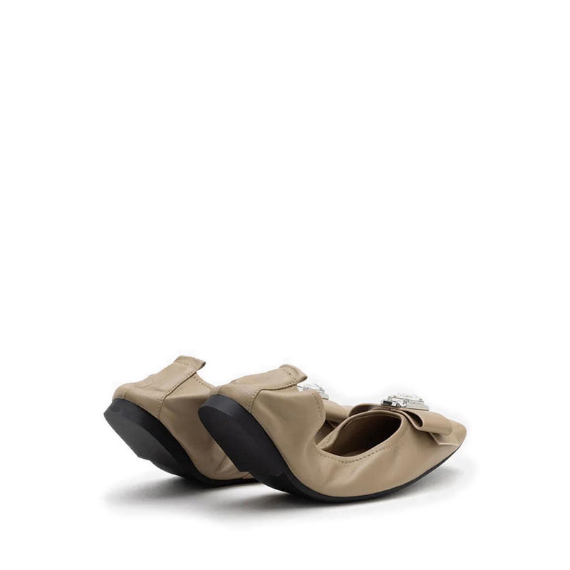 Noelle Diamante Bow Foldable Flats - Khaki