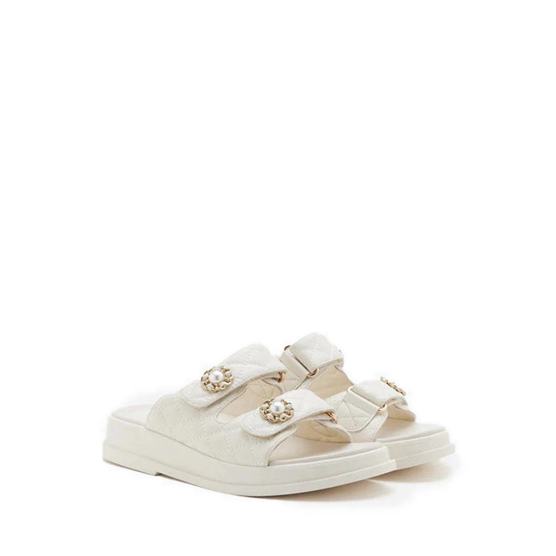 Leia Embellished Quilted Slides - Beige