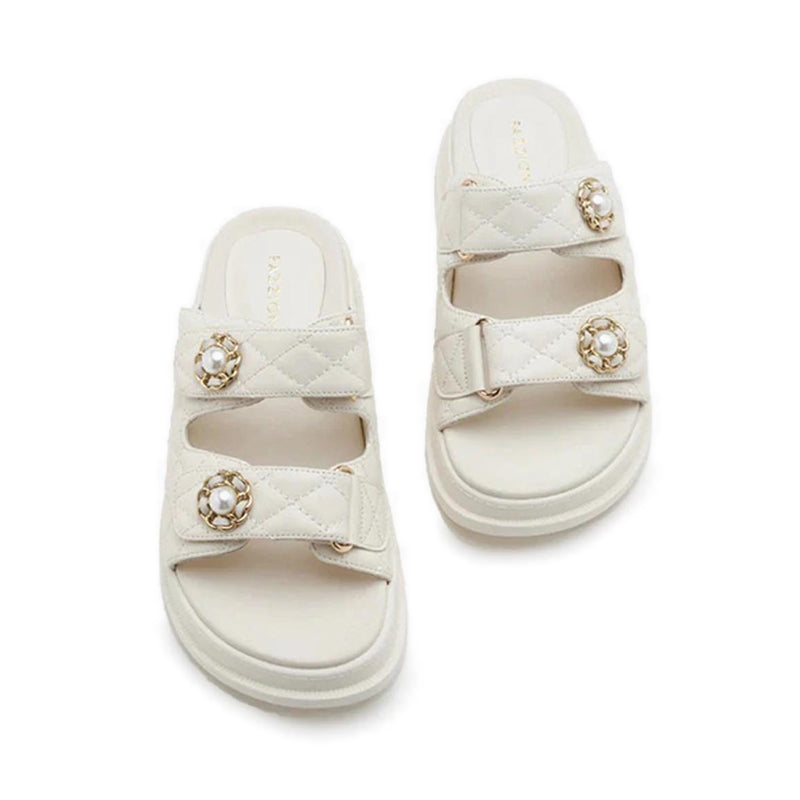 Leia Embellished Quilted Slides - Beige