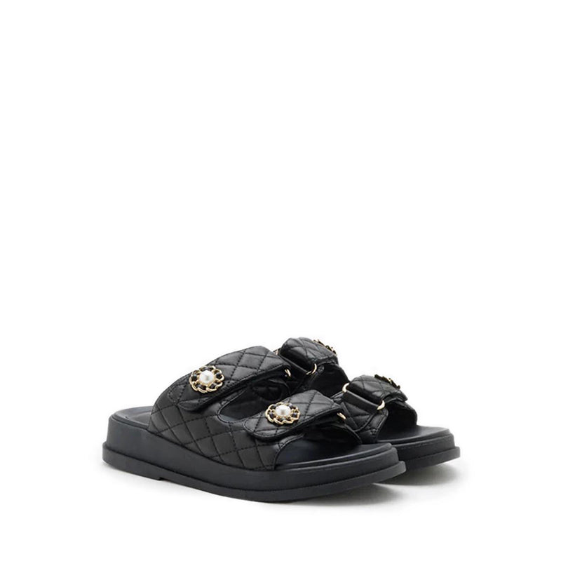 Leia Embellished Quilted Slides - Black