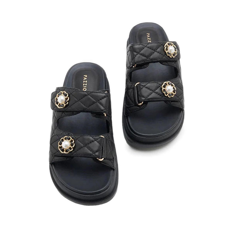 Leia Embellished Quilted Slides - Black