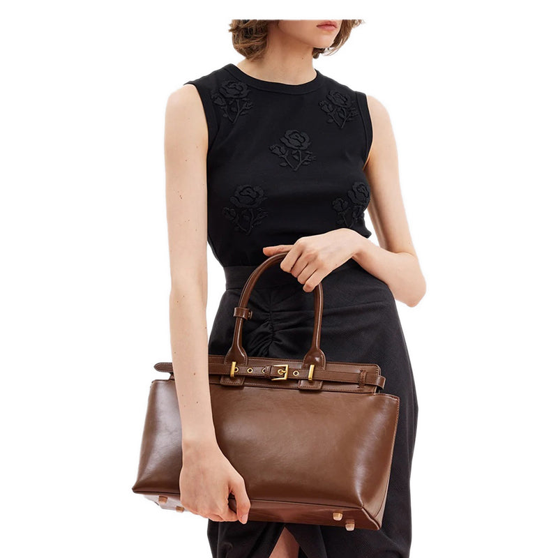 Alesha Top Handle Belted Bag - Brown