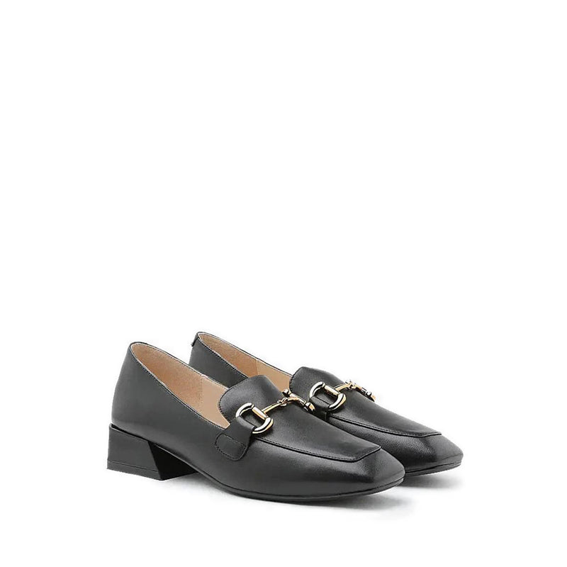 Arwen Classic Metal Buckle Leather Loafers - Black