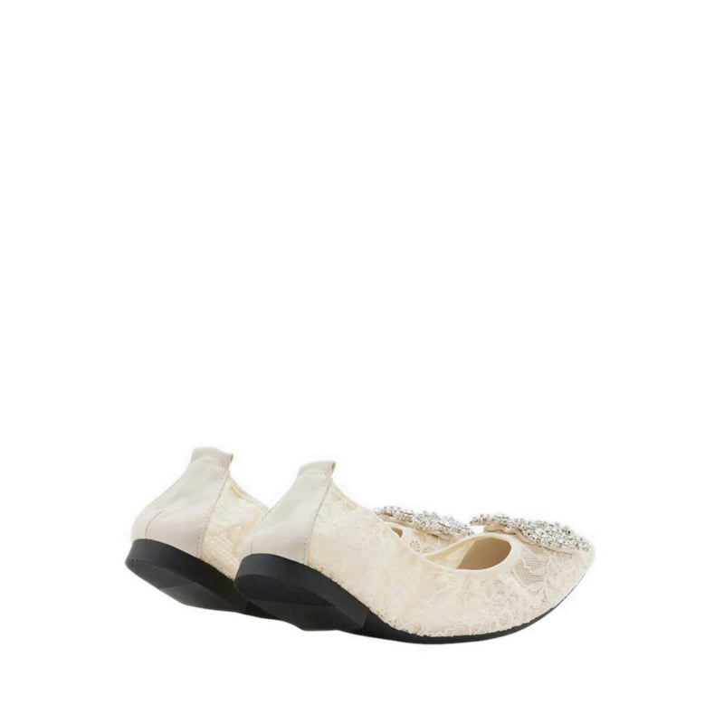Alina Lace Diamante Foldable Flats - Beige