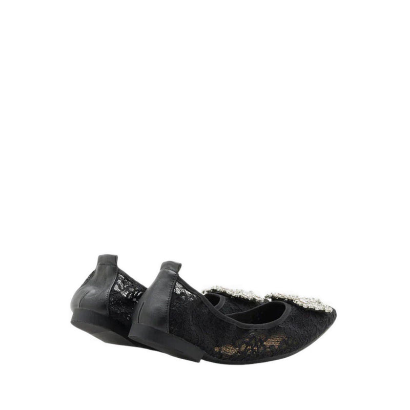 Alina Lace Diamante Foldable Flats - Black
