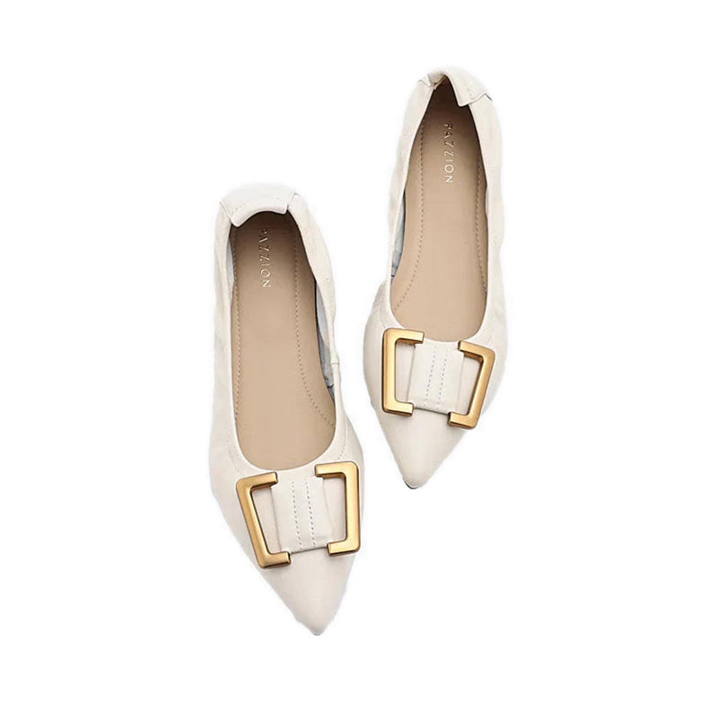 Harper Gold Buckled Pointed-Toe Flats - Beige