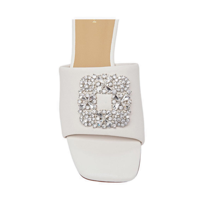 Pazzion Women's Florence Crystal Embellished Buckle Leather Sandal Heels - Beige