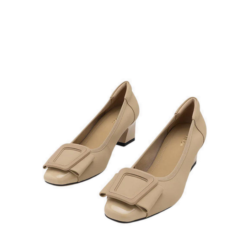 Penelope Elegant Buckle Block Heels - Beige