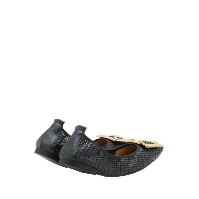 Wren Buckle Woven Foldable Flats - Black