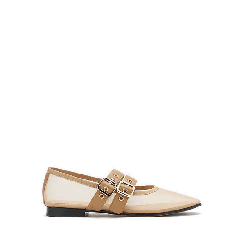 Giselle Mesh Double Buckle Flats - Beige