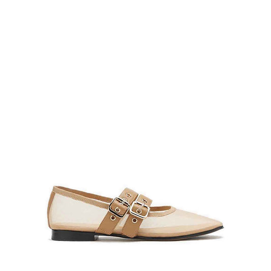 Giselle Mesh Double Buckle Flats - Beige