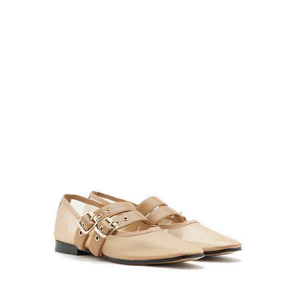 Giselle Mesh Double Buckle Flats - Beige