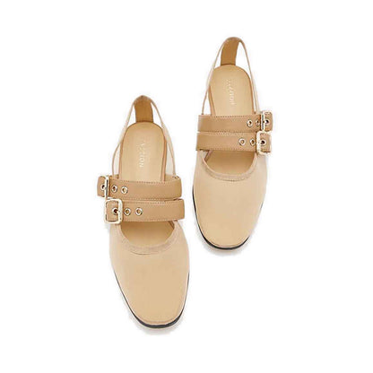 Giselle Mesh Double Buckle Flats - Beige