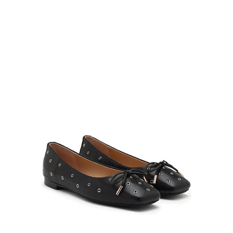 Olympia Eyelet and Bow Square Toe Flats - Black