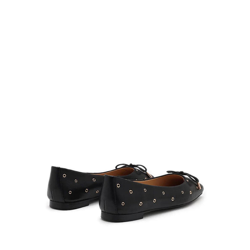 Olympia Eyelet and Bow Square Toe Flats - Black