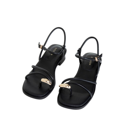 Flat Sandals with Gold Hardware - Black