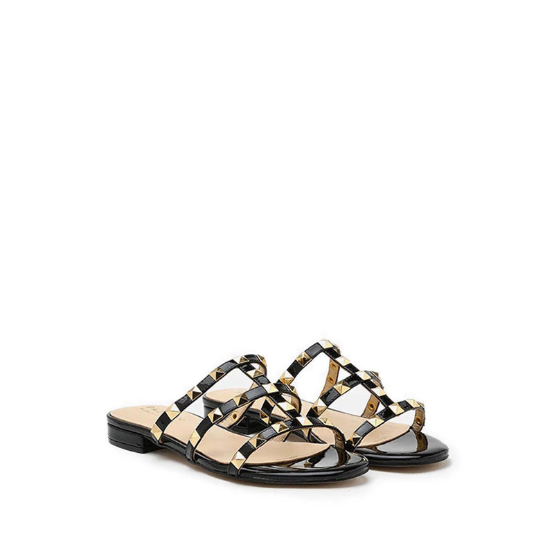 Ingrid Gold Studded Cage Patent Leather Slides - Black