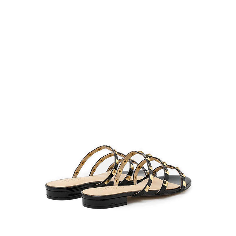 Ingrid Gold Studded Cage Patent Leather Slides - Black