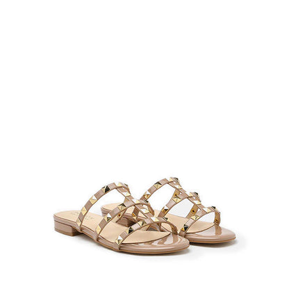 Ingrid Gold Studded Cage Patent Leather Slides - Beige