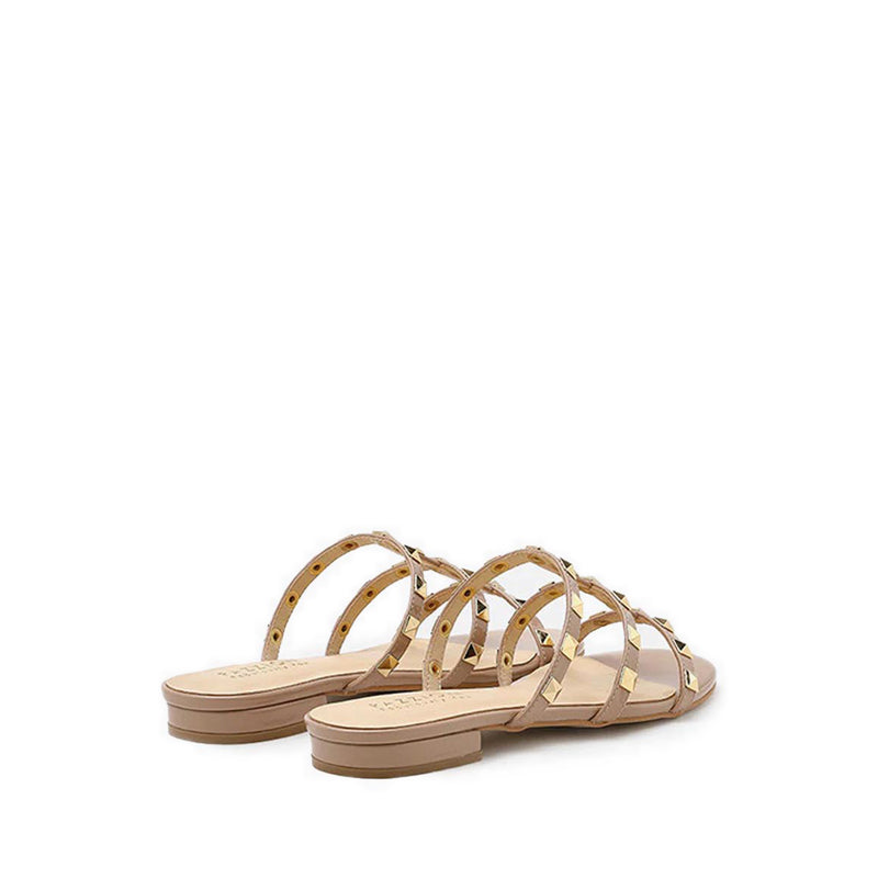 Ingrid Gold Studded Cage Patent Leather Slides - Beige