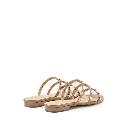 Ingrid Gold Studded Cage Patent Leather Slides - Beige