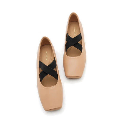 Mandy Square Toe Criss Cross Strap Ballet Flats - Natural