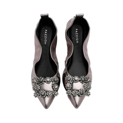 Helene Crystal Buckle Foldable Flats - Pewter