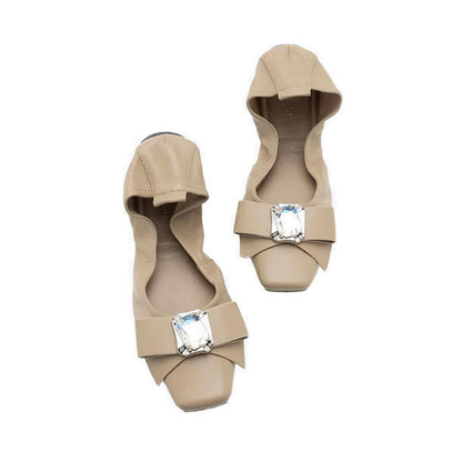 Noelle Diamante Bow Foldable Flats - Khaki