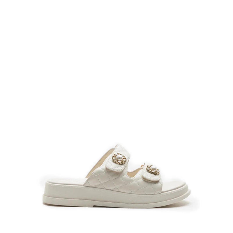 Leia Embellished Quilted Slides - Beige