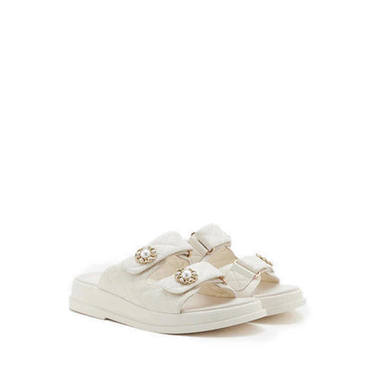 Leia Embellished Quilted Slides - Beige