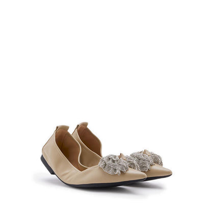Inez Crystal Embellished Bow Foldable Flats - Khaki