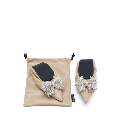 Inez Crystal Embellished Bow Foldable Flats - Khaki