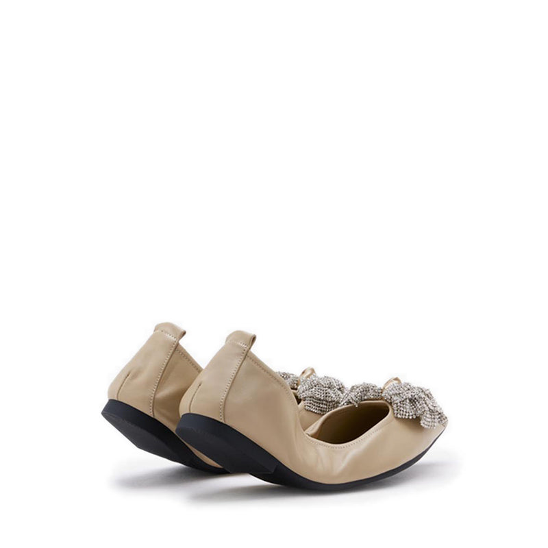 Inez Crystal Embellished Bow Foldable Flats - Khaki