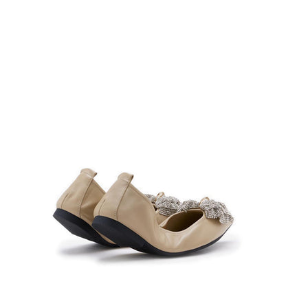Inez Crystal Embellished Bow Foldable Flats - Khaki