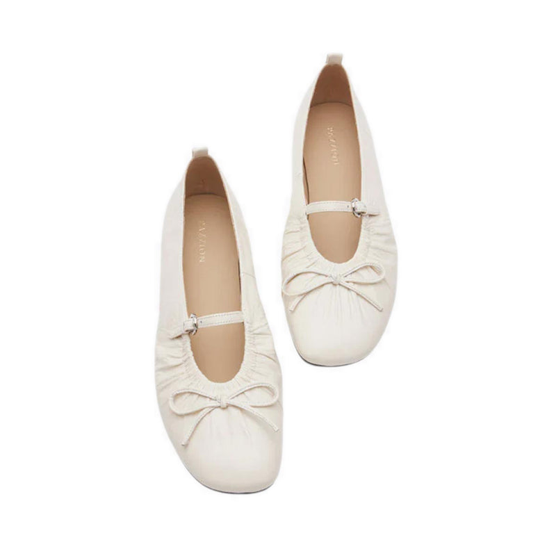 Issey Gathered Ruched Bow Mary Janes - Beige