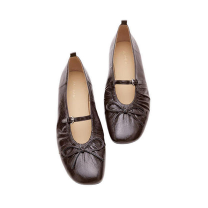 Issey Gathered Ruched Bow Mary Janes - Brown