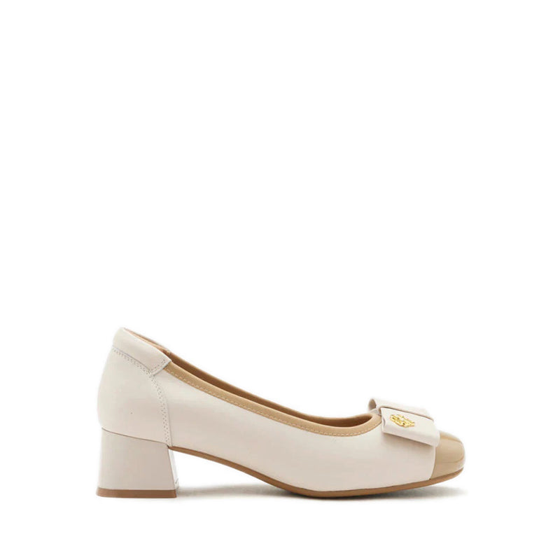Leanna Leather Bow Low Block Heels - Beige