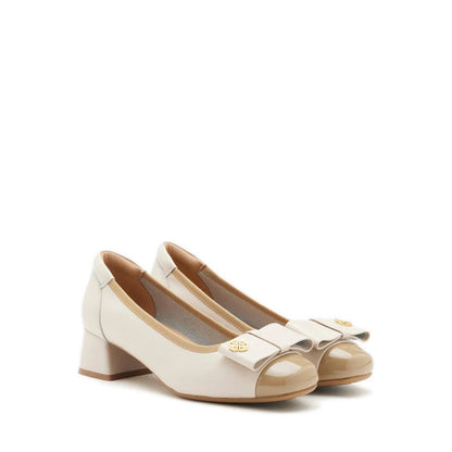 Pazzion Leanna Leather Bow Low Block Heels - Beige
