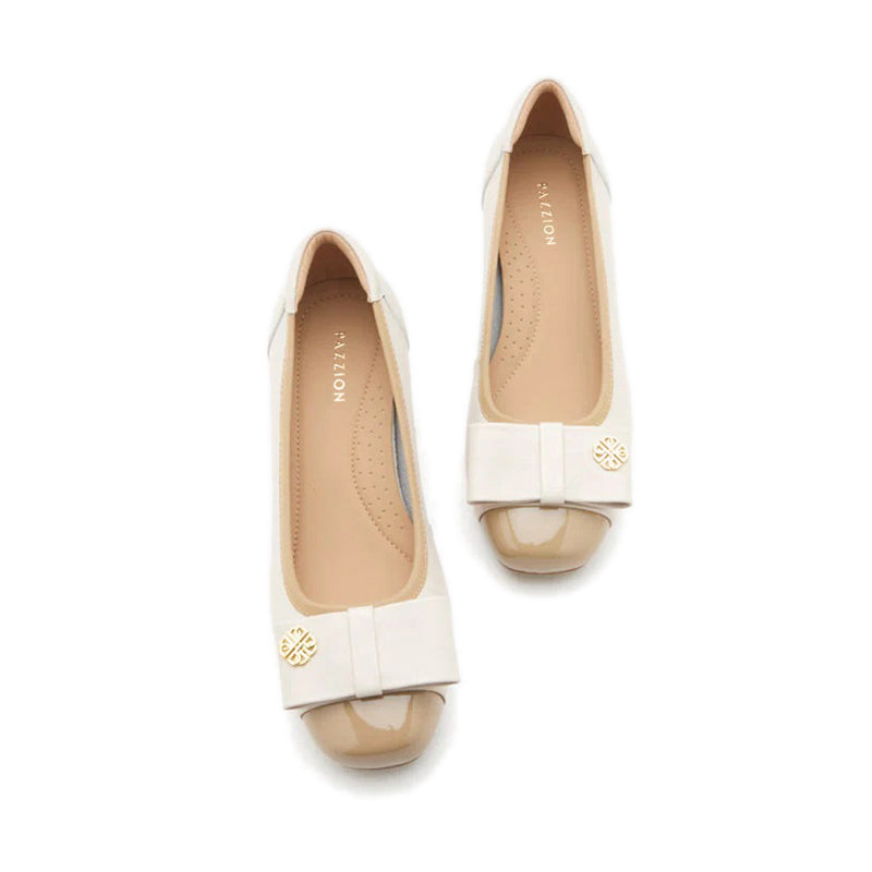 Leanna Leather Bow Low Block Heels - Beige
