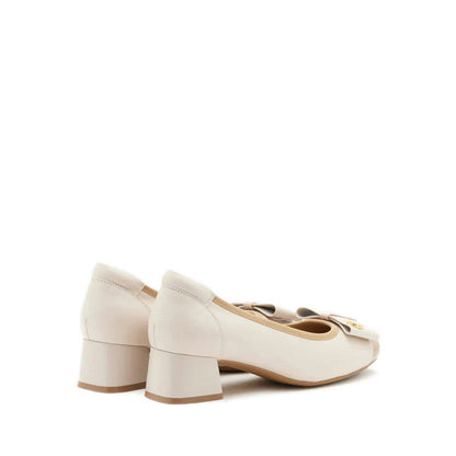 Pazzion Leanna Leather Bow Low Block Heels - Beige
