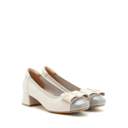 Leanna Leather Bow Low Block Heels - Grey