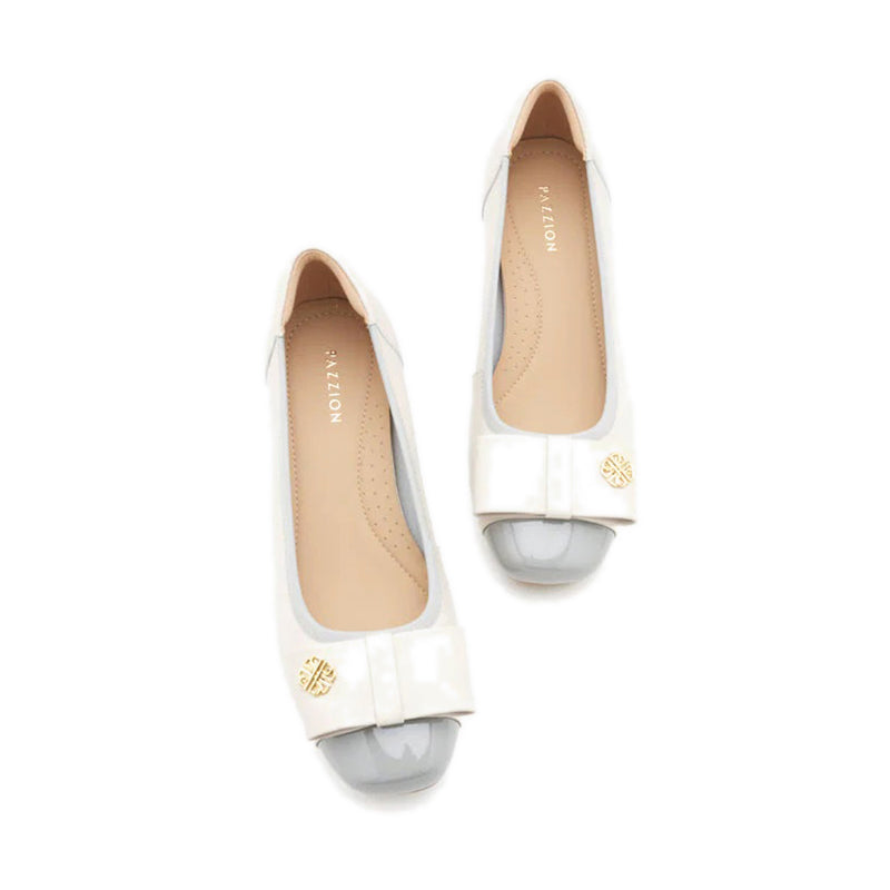 Leanna Leather Bow Low Block Heels - Grey